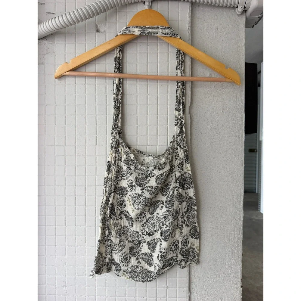 Free People Black Paisley Cotton Gauze Small Tote Bag OS Boho Reusable